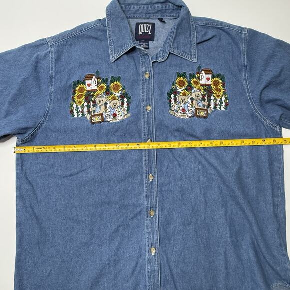 Quizz Shirt 20 Blue Denim Short Sleeve Embroidered Casual Bears Daisy Teachers - Picture 7 of 8